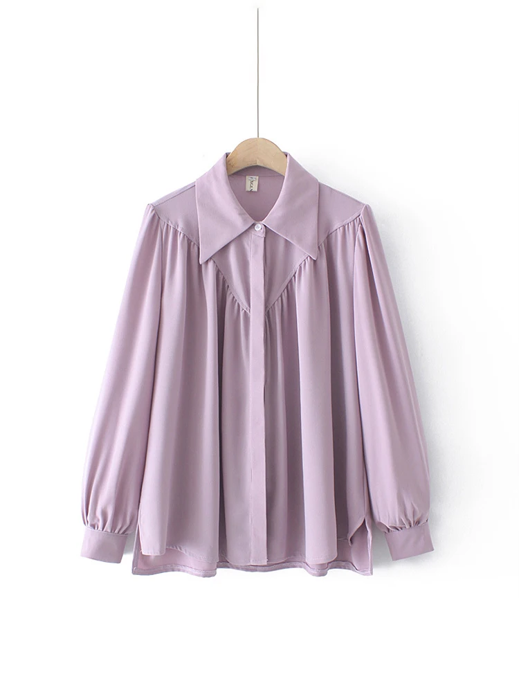 2022 Fall Women Solid Chiffon Blouse Vintage Turn-Down Collar Lantern Sleeve Loose Shirt Elegant Office Wear Casual Basic Tops