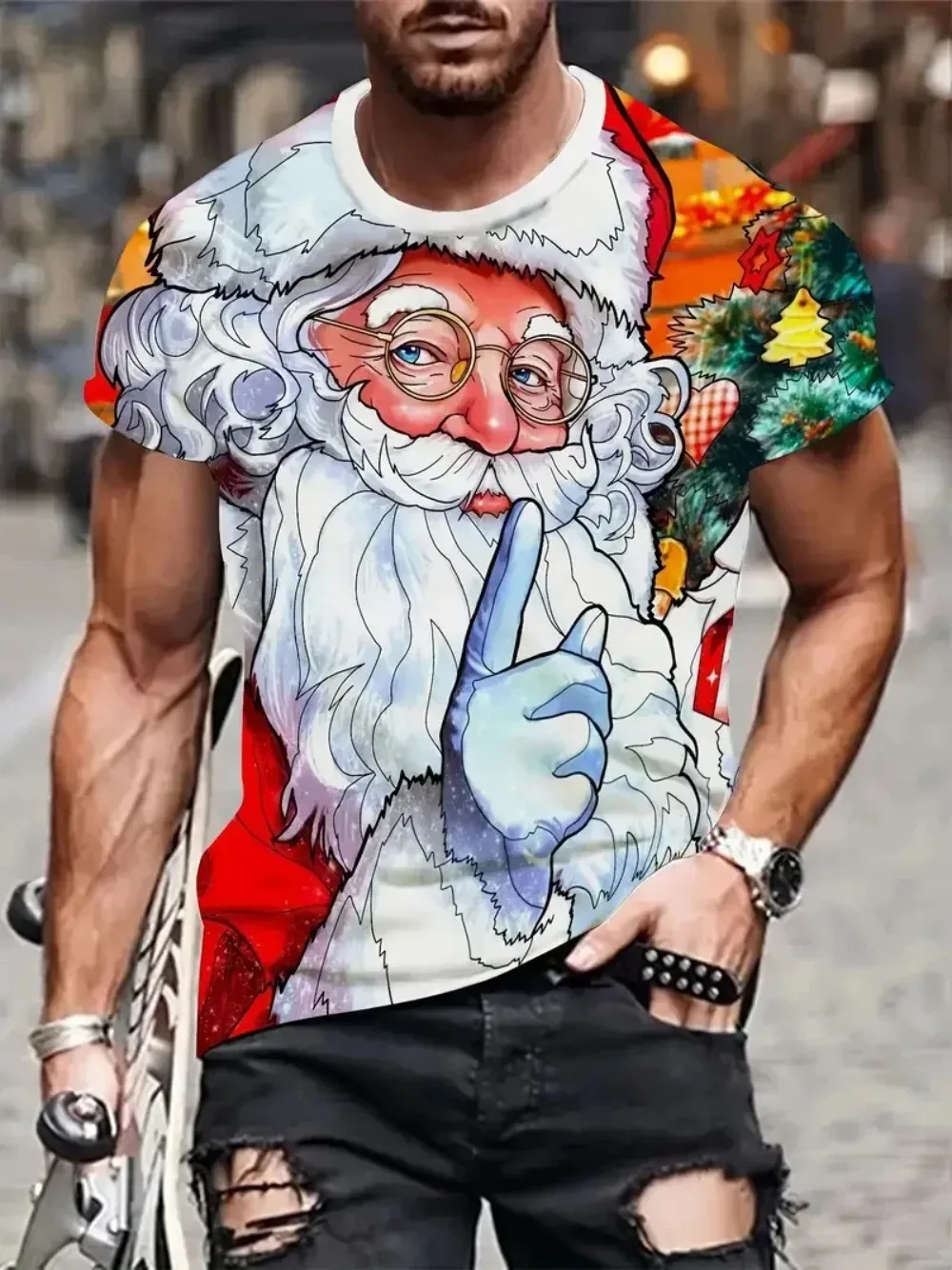 Christmas Fun Santa Claus Pattern 3Dprint Loose Round-neck Tshirt Both Menwomen for Outdoor Street Parties and Family Gatherings