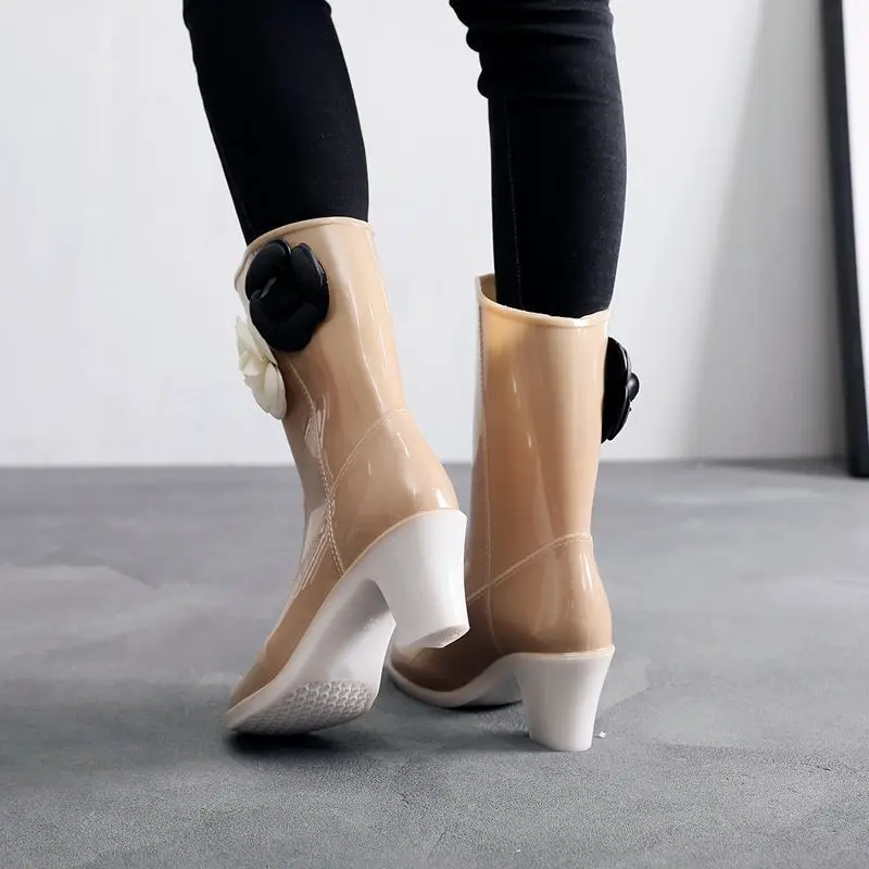 New Women\'s Rain Boots Camellia Decoration 2024 Fashion Outdoor White Long Tube Waterproof Non-slip Rain Boot Cover Saliva Shoes