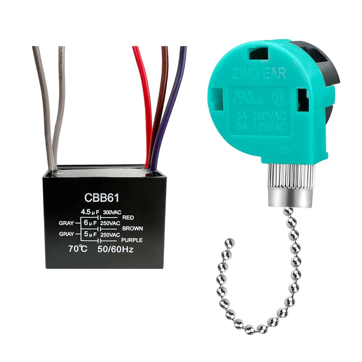 

ZING EAR Ceiling Fan Pull Chain Switch 3 Speed 4 Wire, Ceiling Fan Capacitor CBB61 4.5Uf + 6Uf + 5Uf 5 WIRE 250V,B