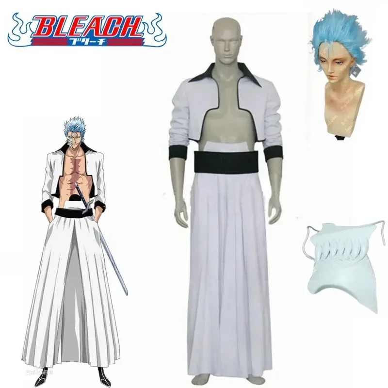 

Anime Bleach Grimmjow Jaegerjaques Cosplay Costume Blue Wig White Jacket Outfit Mask Uniform Thousand-Year Blood War