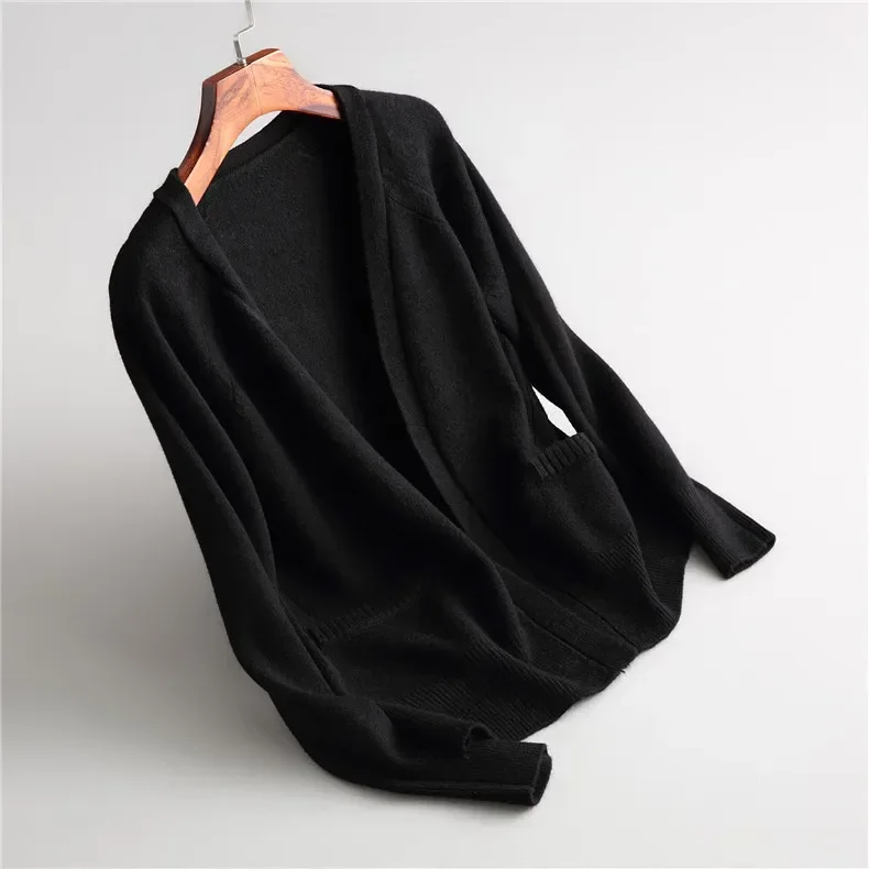 Neue Frauen Frühling Herbst Pullover Strickjacke Mode v kragen einfarbig Wolle Mischung Tasche Lose Stricken Pullover Outwear Mantel