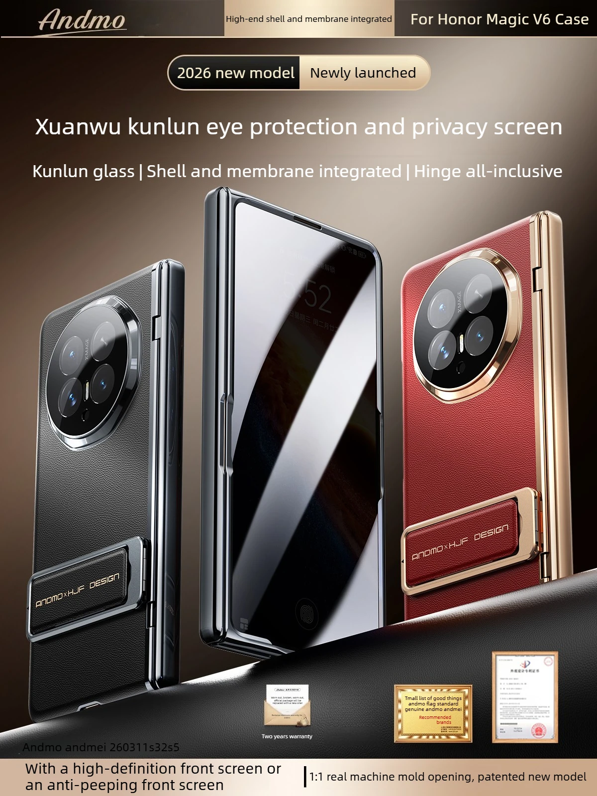 

3in1 central axis hinge shell film all-in-one phone case for honor magic v6 luxury Genuine leather wristband stand all-inclusive