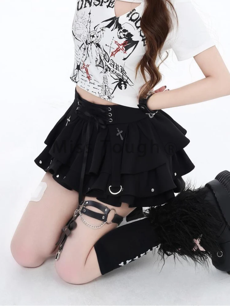 Harajuku Y 2K Sweet A-Line Rok Vrouwen Elegante Chique Mini Rok Met Vetersluiting Dames Japanse Mode Rok Met Hoge Taille 2024 Zomer Nieuw