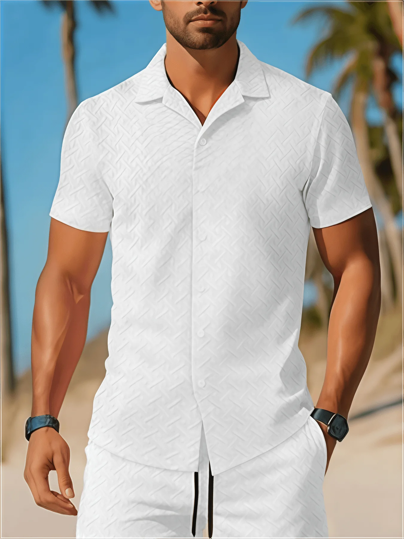 New Summer Men's Casual Daily Outdoor Beach Solid Color Jacquard Lapel Short-sleeved Shirt Shorts Two-piece Set Fashion Men Suit