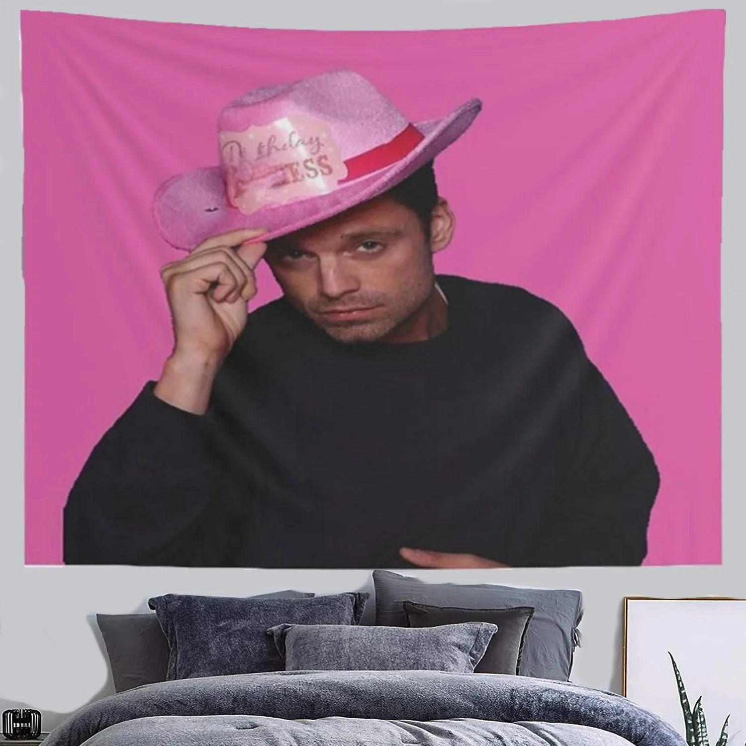 Yes Haw Sebastian Stan With Pink Birthday Princess Cowboy Hat Tapestry Wall Hanging Funny Meme Tapestries Dorm Decor Bedroom