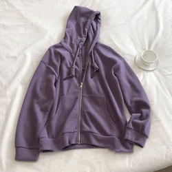 Spring Autumn Thin Women's Sweatshirts Elegant Purple Loose Casual Hooded Zipper Cardigan Outerwear Fashion Hoodies Female