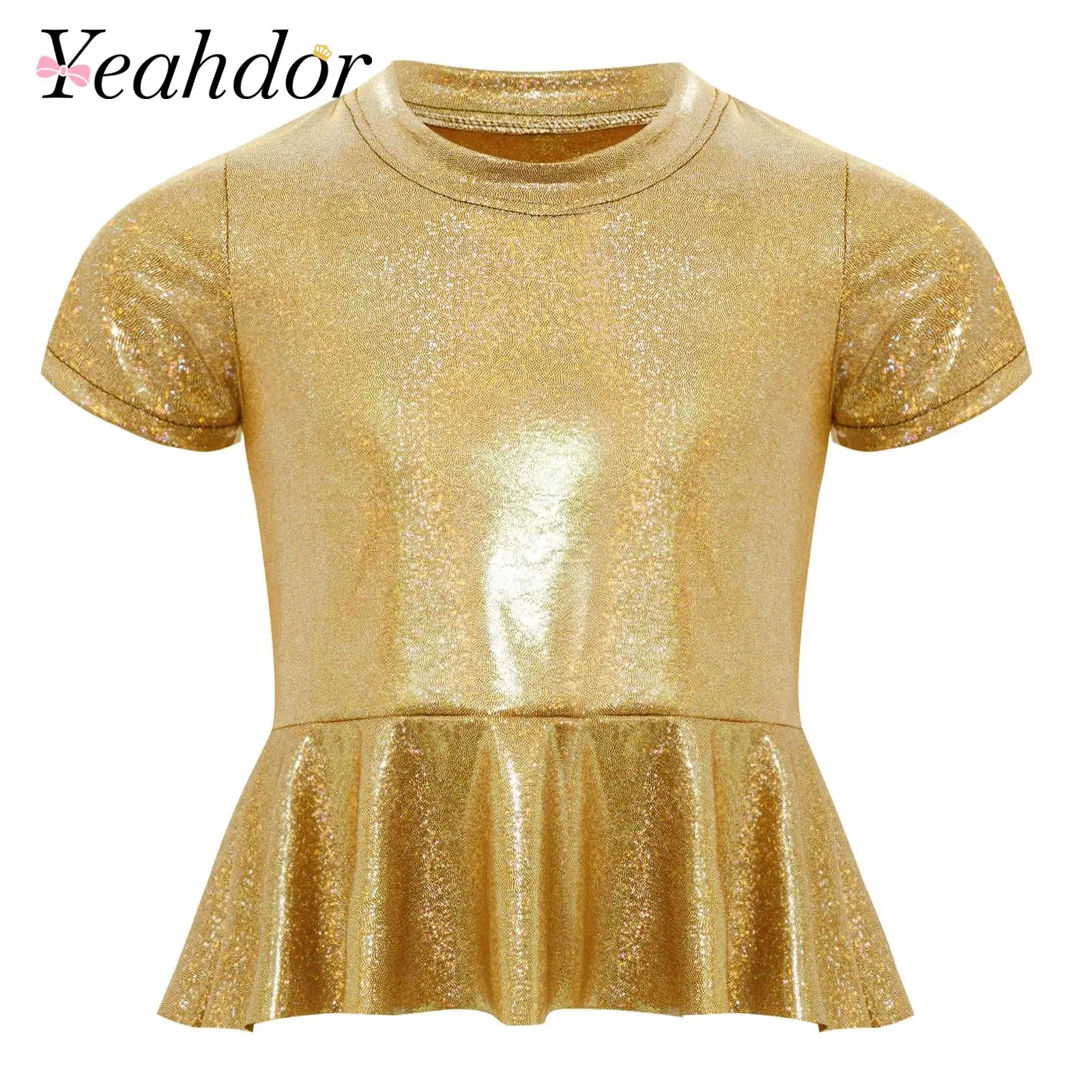 Fashion Childs Metallic Shiny T-shirts Kids Girls Short Sleeves T-shirt Rave Jazz Dance Tshirts Stage Performance Party Costume