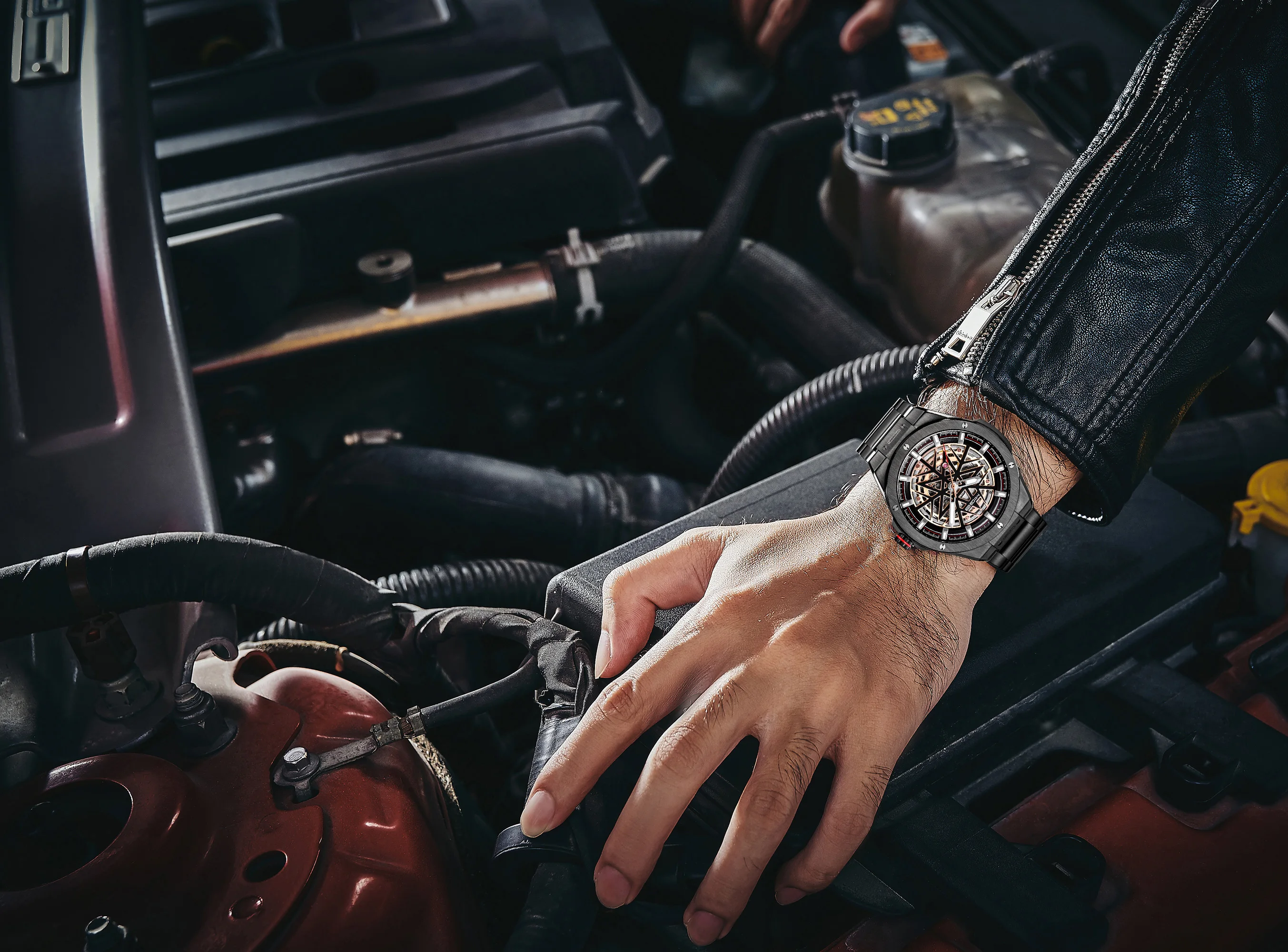 MIGE brand black steel case mechanical man watch waterproof casual business luminous automatic hot sale Hollow watches for men