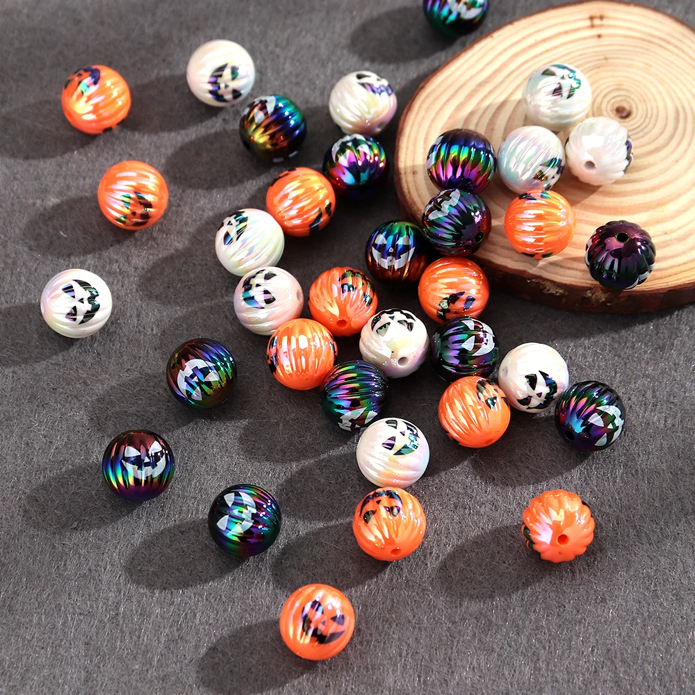 10/20pcs Halloween Demon Print Acrylic 16mm Pumpkin Round Loose Spacer Beads for DIY Jewelry Bracelet Necklace Decor Accessories