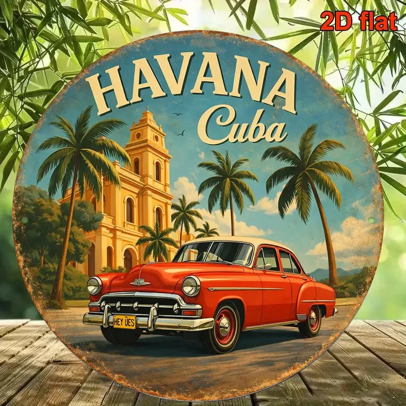 Vintage Havanna Kuba Rundes Blechschild, Retro Rotes Klassisches Auto Havanna Stadtlandschaft Metall-Wandkunst, Rustikales Kubanisches Reise-Souvenir Themen-Dekor