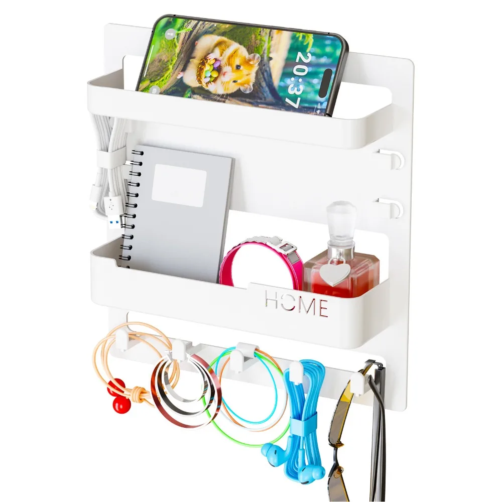 Self Stick Wall Mount Shelf Plastic With Hooks Wall Organizer Shelf With Cable Clips 9.5x9.1in Adhesive Shelf Organizer