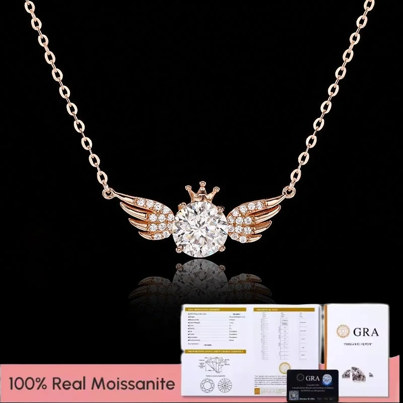 

S925 Sterling Silver Angel Wings Moissanite Necklace Crown Pendant Versatile Wedding Necklaces for Women Girl Jewelry Wholesale