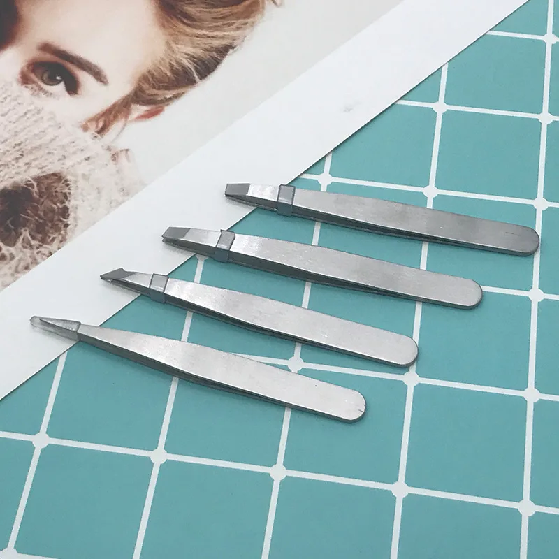 4pcs Professional Slanted Stainless Steel Eyebrow Tweezers Point Slant Flat Tip Hair Removal Eyebrow Pinch Forceps Makeup Tool