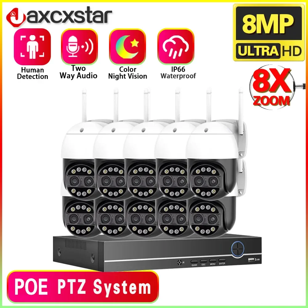 8mp 10ch Kit Camera Dual Lens 8x Digitale Zoom Menselijke Detectie Buitenbeveiliging Cctv Surveillance Ip Camera Icsee App