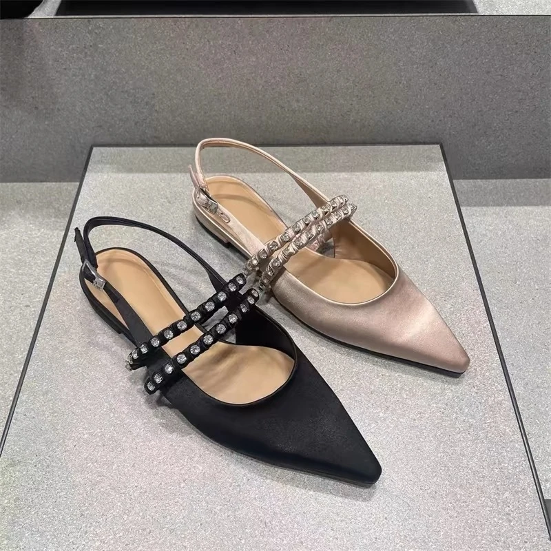 

2024 Summer New Style Pointed Toe Flat Sandals with Rhinestones, Open Back Mary Jane Shoes for Women