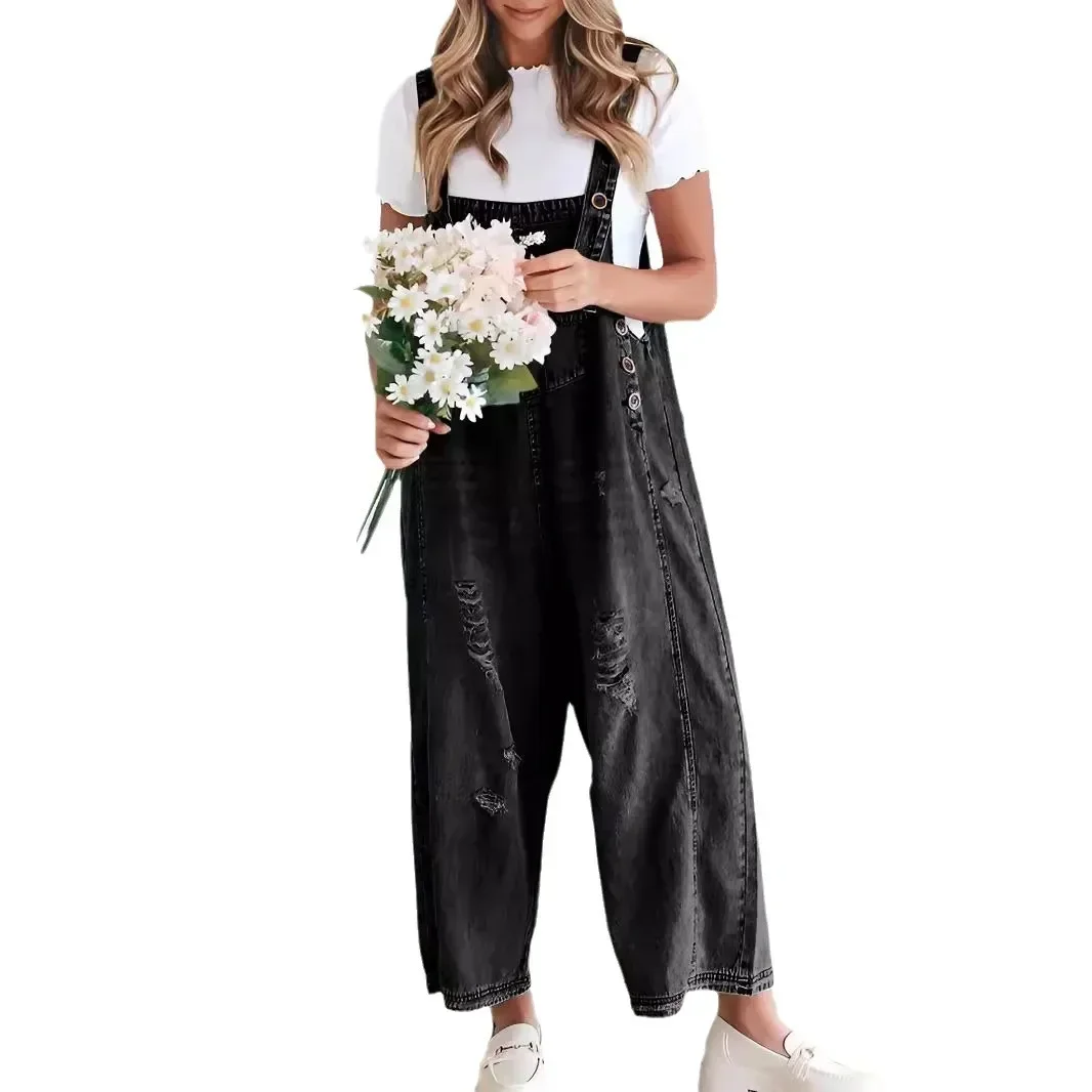 وزرة النساء هول الحمالات الجينز 2024 الخريف الإناث الشارع الشهير فضفاض بنطال ذو قصة أرجل واسعة خمر الدنيم الأقواس بنطلون