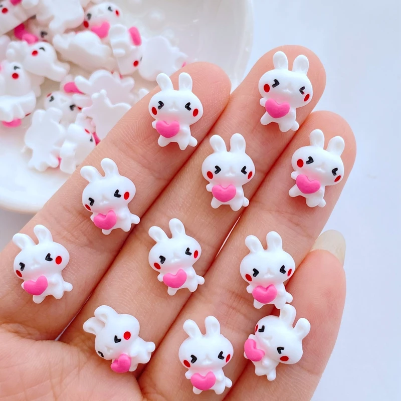 20pcs 3D Resin White Cartoon Rabbit Nail Charms Flower clock Nail Parts Accessories Kawaii DIY Nail Art Decoration