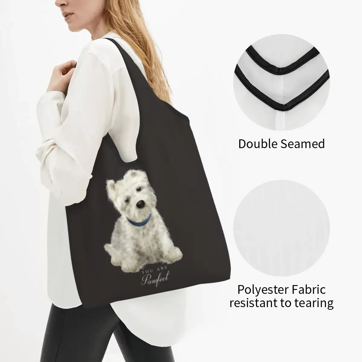 Cute West Highland White Terrier Dog Grocery Shopping Bag Fashion Shopper Shoulder Tote Bags Portable Westie Puppy Handbag