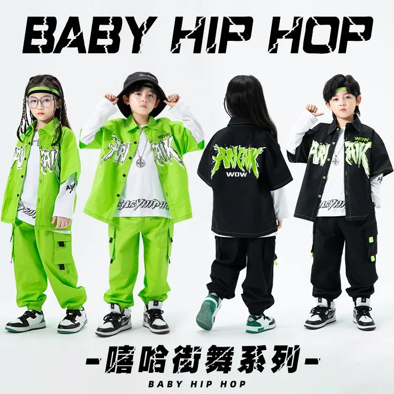 Celana kargo anak laki-laki, kaus Hip Hop keren bercetak, celana kargo, jaket dansa hijau, Set pakaian Jogger, kostum Jazz anak-anak, pakaian jalanan