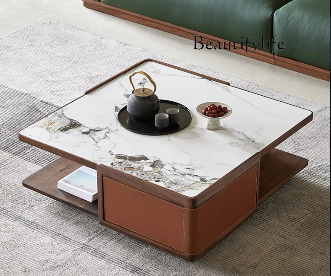 

North America Black Walnut Stone Plate Coffee Table Italian Minimalist Solid Wood Tea Table Household Light Luxury Table