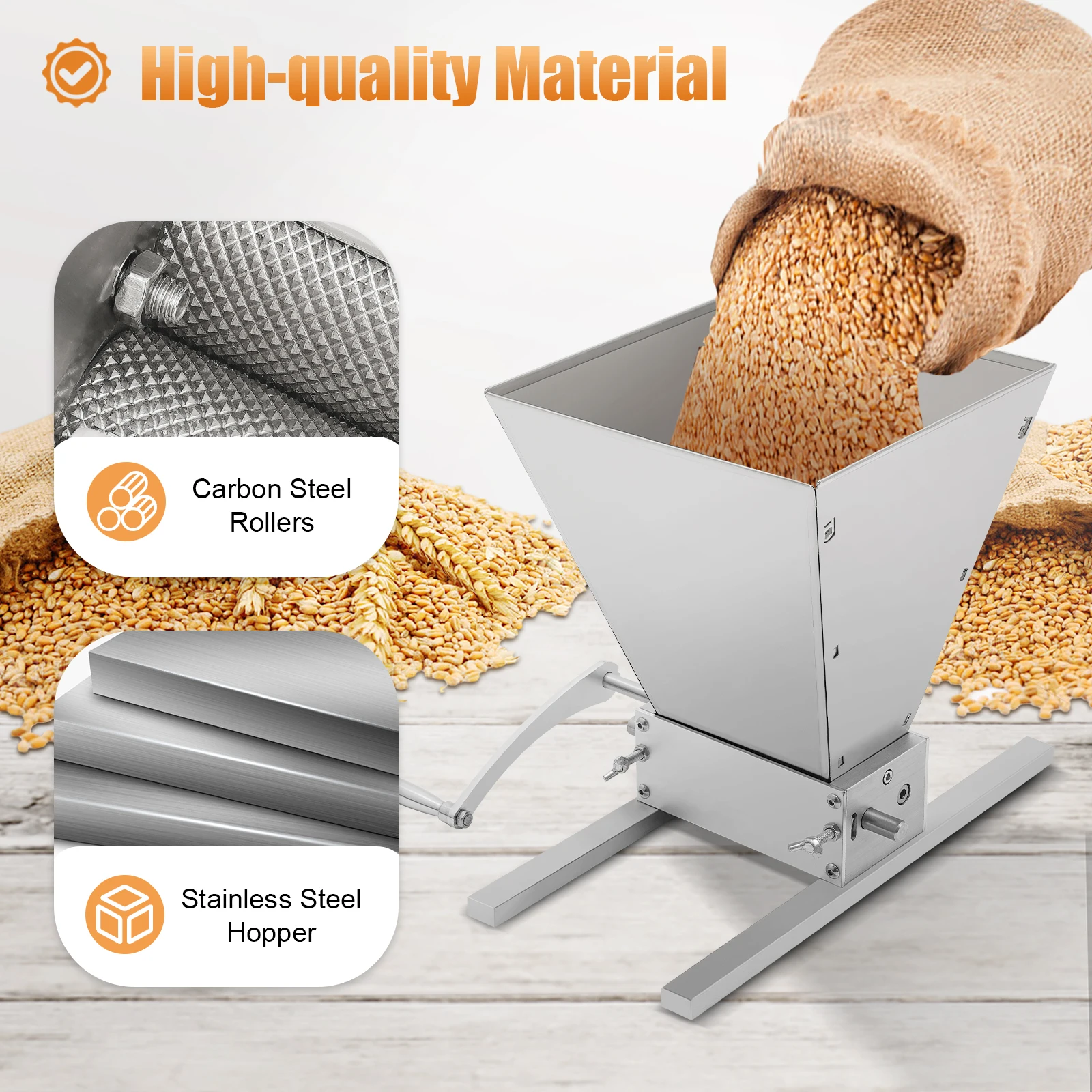 

4L 2 Roller Stainless Steel Malt Crusher Manual Heavy Duty Malt Mill Homebrew Grain Crusher