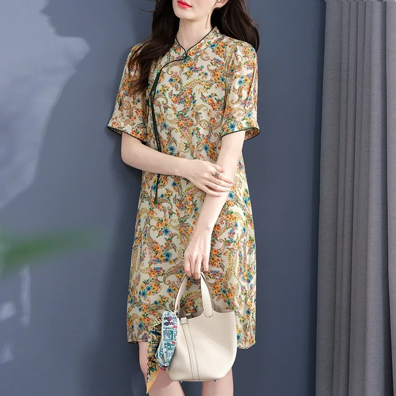 AYUNSUE 100% Natural Silk Woman Dress Short Dresses for Woman Chinese Style Ladies Dresses Elegant Woman Clothes Ropa De Mujer