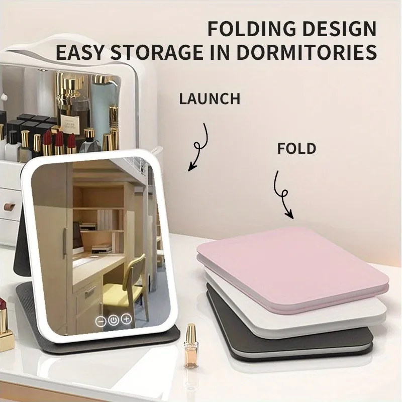Espelho de maquiagem led 3 cores iluminação regulável com tela sensível ao toque dobrável espelho de maquiagem cosmética recarregável mesa para viagens para casa
