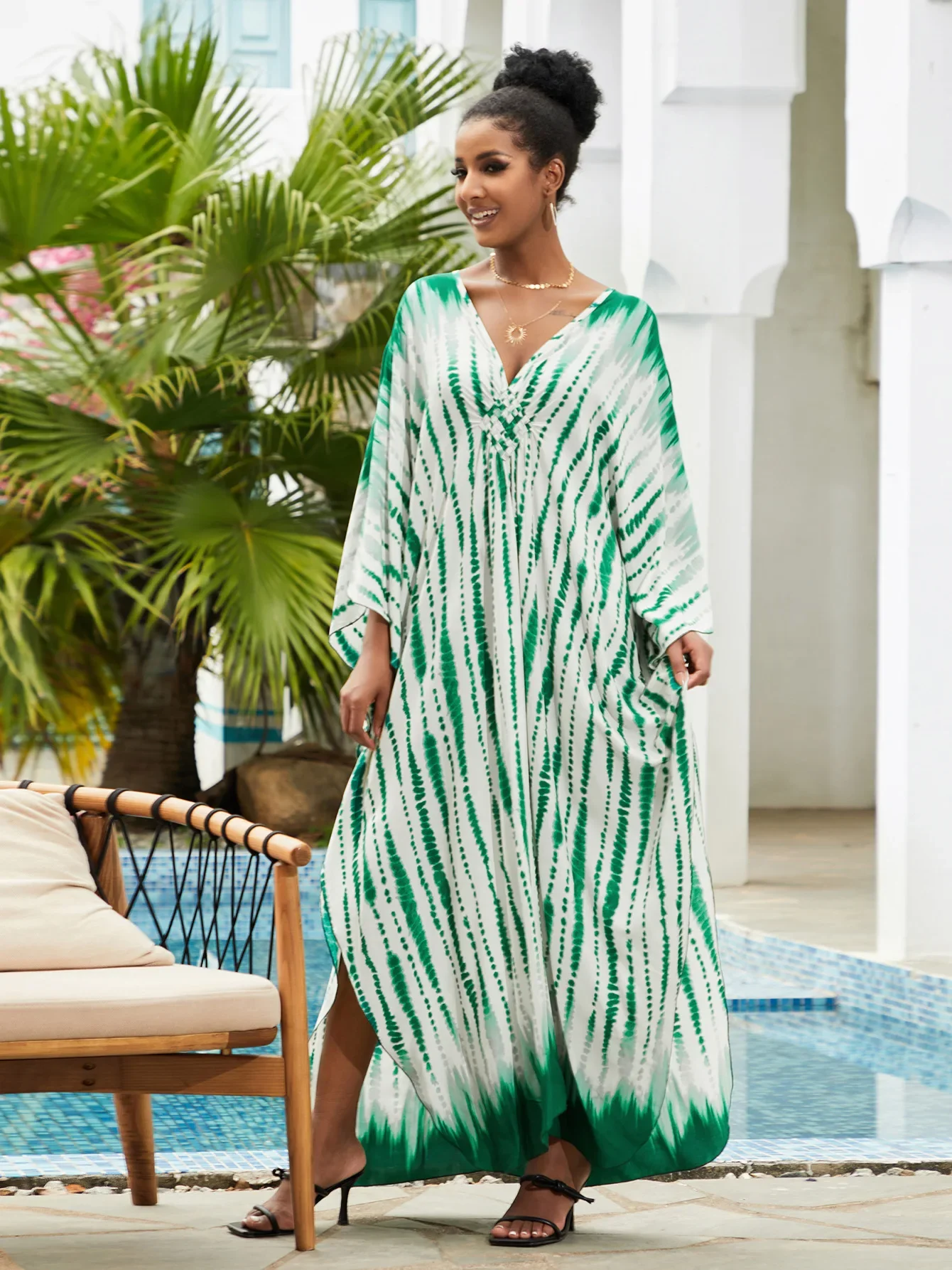 Beach Dresses Green Tie Dye Printed Kaftans for Women Maxi Robe Cover Ups Knitted Waved Loose Robe Summer Holiday Bathing Suits