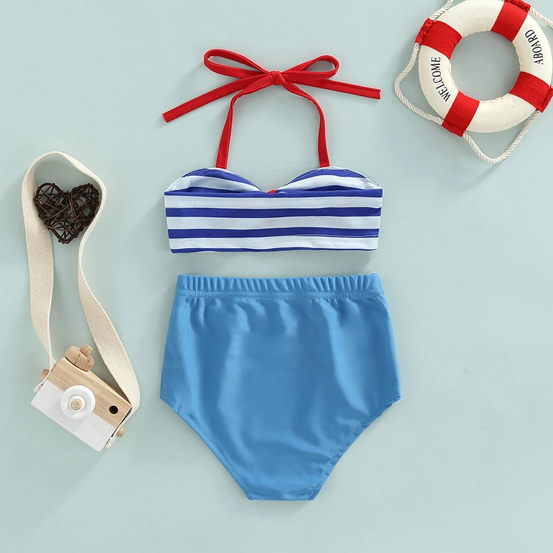 Yiiciovy Summer Cute Baby Girls Swimwear 2 Pcs Bowknot Bikini Set Summer Hanging Neck Striped Top Elastic Waist Button Shorts