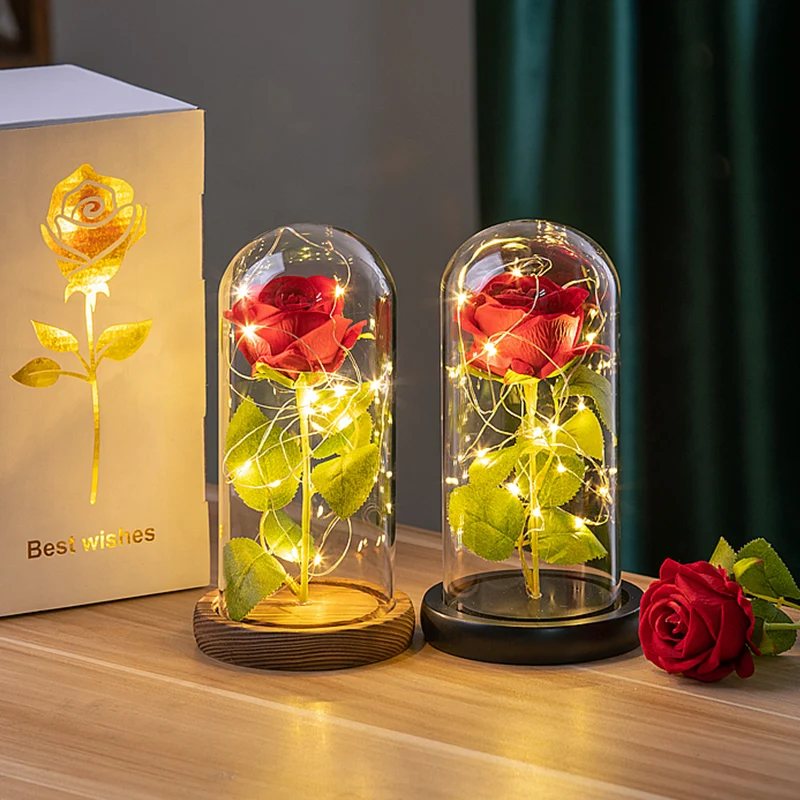 Artificial Flowers LED Red Rose Creative Valentine's Day Gift Rose in Glass Cover with Stand Light Up Rose Wedding Galaxy Rose