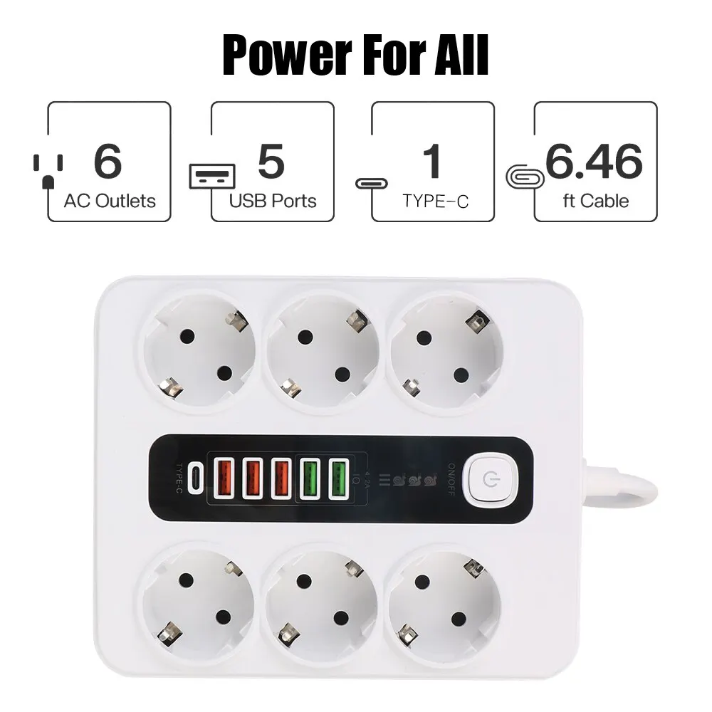 Extension Socket With Safety Switch Power Strip For Office Home EU Plug 3000W 2M Cable Overload Protection USB Type C Ports