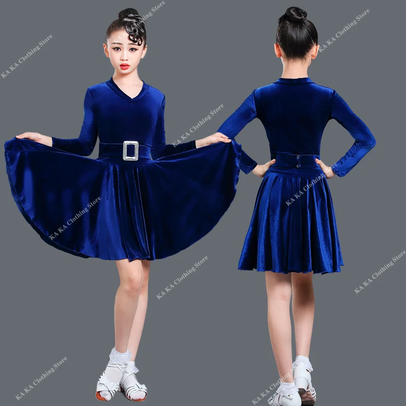 فستان رقص لاتيني احترافي للفتيات ، زي أداء للأطفال ، فستان بأكمام طويلة ، قاعة رقص مخملية ، رقص التانغو تشا