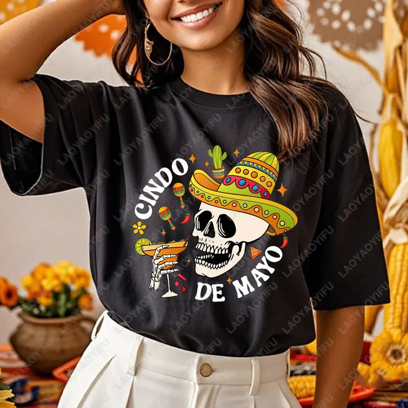 

Mexican Skull Graphic T Shirt Woman Fiesta Squad Tee-Shirt Sombrero Hat Fiesta Party Tshirt Traditional Style Unisex Cotton Tops