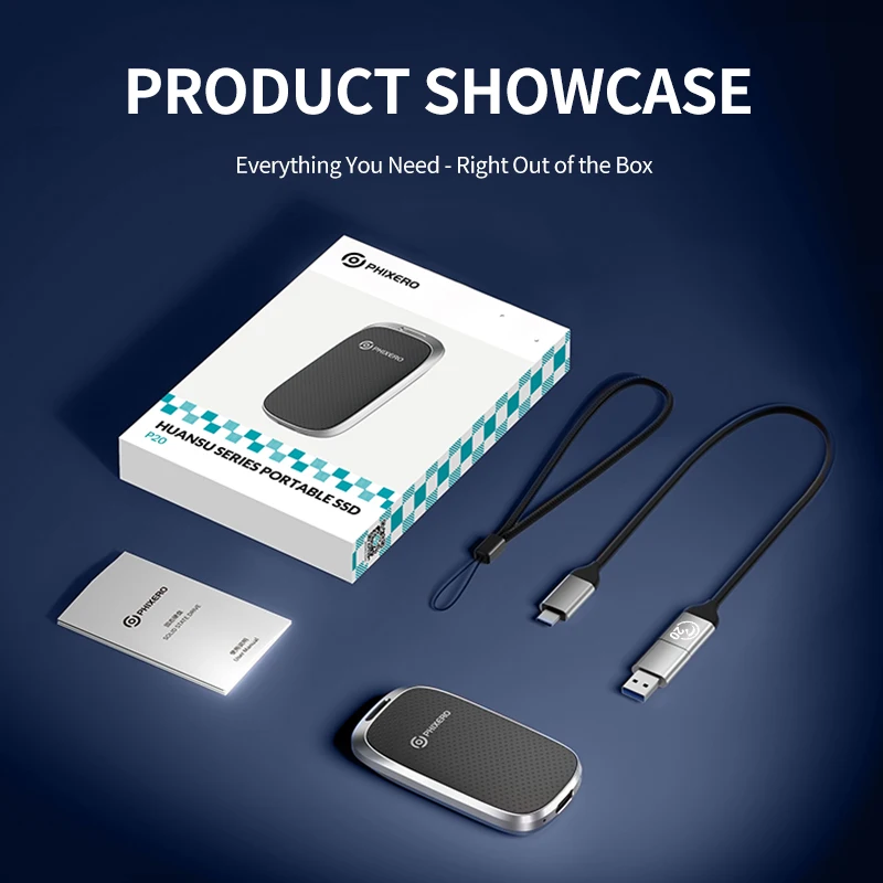 PHIXERO SSD Eksternal Portabel 512GB 1TB 2TB Mini PSSD 2 In 1 Kabel USB C USB3.2 20Gbps Hingga 2050Mb/s Solid State Drive Eksternal