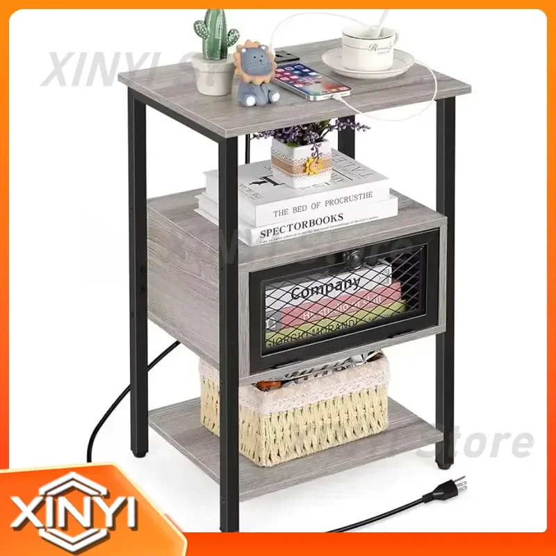 Modern Grey Bedside Table Set for Living Room Bedroom End Table with USB Charging Station for iPhone Android Devices