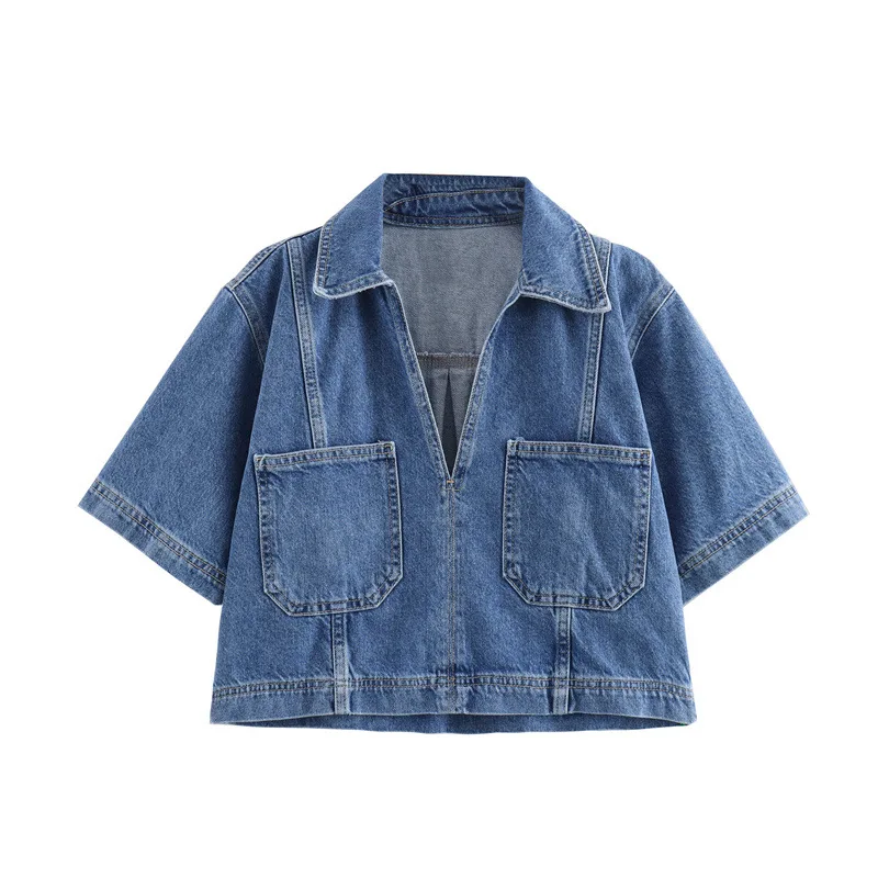 

Women Summer Short Sleeve Denim Shirts New American High Street V-neck Pullover Tops Fashion Pockets Lapel Solid Versatile Coat