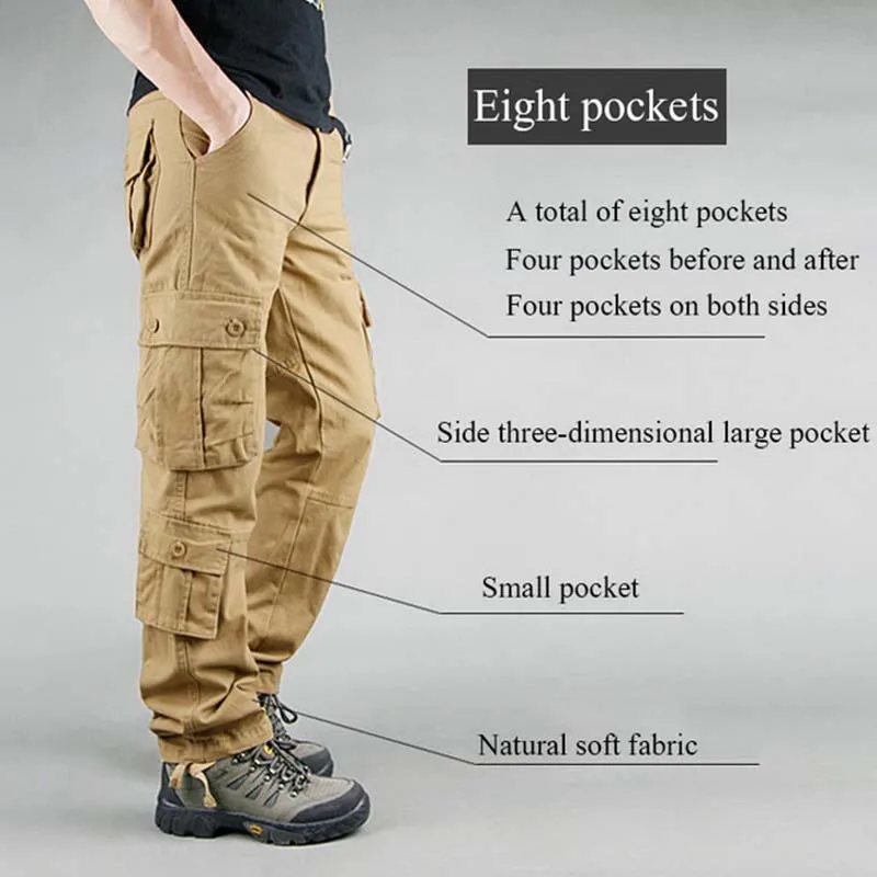 Pantalones Cargo con múltiples bolsillos para hombre, prendas de vestir tácticas de algodón para exteriores, color caqui, Pantalones rectos