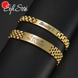 Sifisrri Punk Personalized Engraved Name Bracelets For Women Men Stainless Steel Letter Date Bangles Thick Chain Jewelry Gift