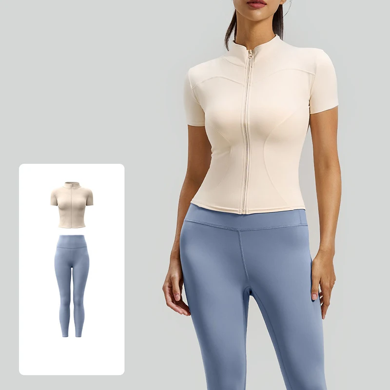 2026 Damen 2-teiliges Yoga-Set Kurzarm Yoga-Jacke Hochtaillierte Yoga-Leggings Naked-Feeling Pilates Fitness Activewear