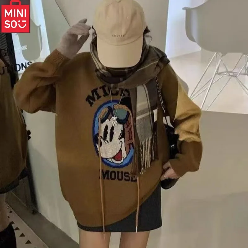 

MINISO свитер с круглым вырезом, женский осенне-зимний новый свободный и ленивый стиль, нежный мягкий и липкий пуловер, вязаный свитер