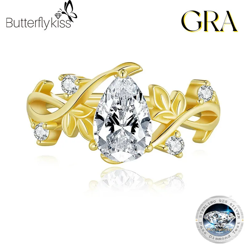

Butterflykiss 6*9 мм капля воды кольцо с муассанитом ветка дерева дизайн стерлингового серебра 925 пробы форма кольцо с цветком для женщин модные ювелирные изделия