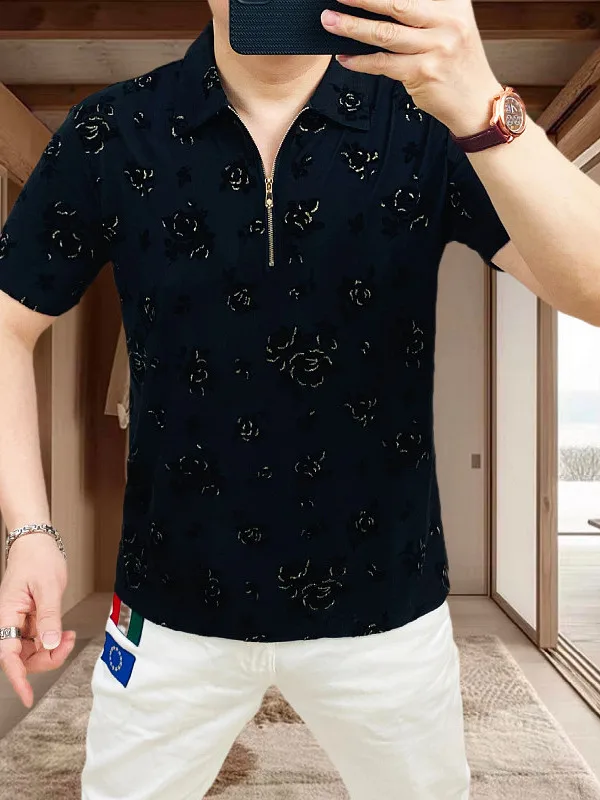 

Men's Faion irt ort Sve Printed Collar Casual Busin Leisure Top Cool Feeling Zipper Design Polyester Fiber