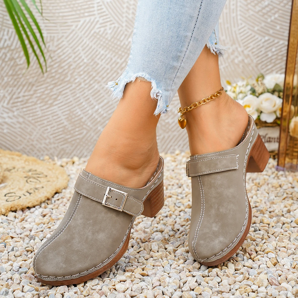 Damen Mules Pantoletten mit hohem Blockabsatz, geschlossene Zehenpartie, zum Hineinschlüpfen, Vintage, Sommer, lässig, bequeme Gehschuhe – Detail 7