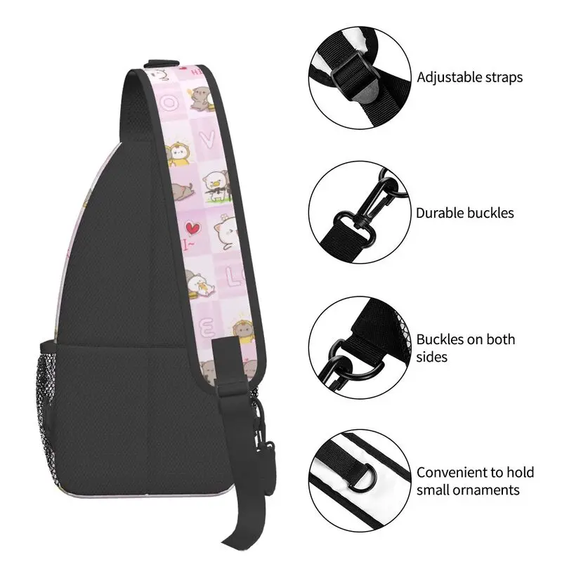 Mochila Crossbody Peach e Goma Sling para homens, Mochi Cat dos desenhos animados personalizados, bolsa de ombro no peito para ciclismo, mochila camping