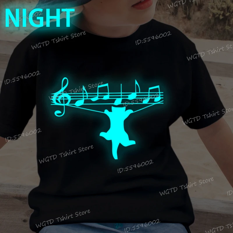Luminous Cat Music Note Graphic Clothes Child Girl Boy Y2k Harajuku Animal  Cotton T-shirt Funny Graphic Cat Lover Streetwear