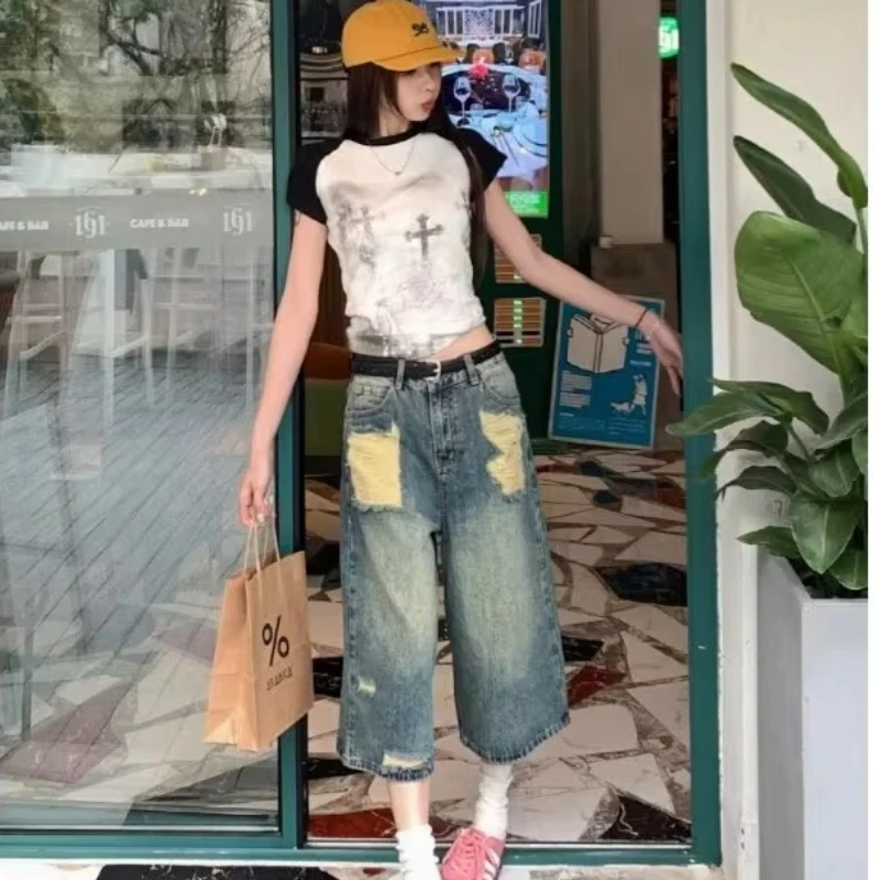 جينز بأرجل واسعة مغسول بفتحات ، بنطلون متوسط الطول ، تصميم متخصص ، علامة تجارية عصرية ، كلاسيكي ، صيفي ، سبعة بوصات #3