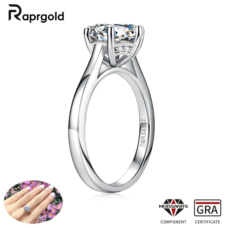 

RAPRGOLD GRA сертифицированное круглое кольцо с муассанитом 2-4 карата для женщин, свадебные ювелирные изделия, обручальные кольца из стерлингового серебра 925 пробы, подарок