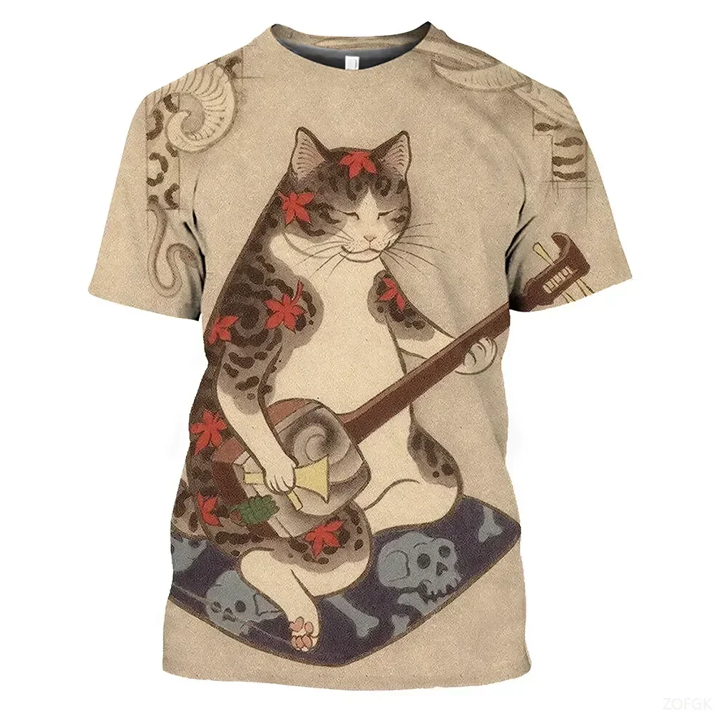 جديد ريترو تي شيرت الرجال النمط الياباني قصيرة الأكمام أعلى ثلاثية الأبعاد القط الوشم المطبوعة الجولة الرقبة تي شيرت ملابس للرجال