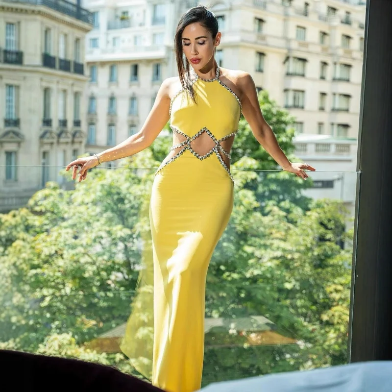 

Luxury Rhinestone Dress Sexy Hollow Women Hanging Neck Yellow Fashion Party Vacation Clothes V-neck High Waist Hip Strapless